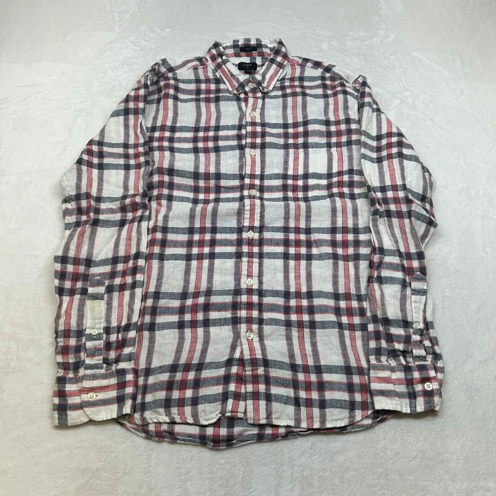J Crew Linen Shirt Mens‎ Large White Red Black Plaid Slim Fit Long Sleeve